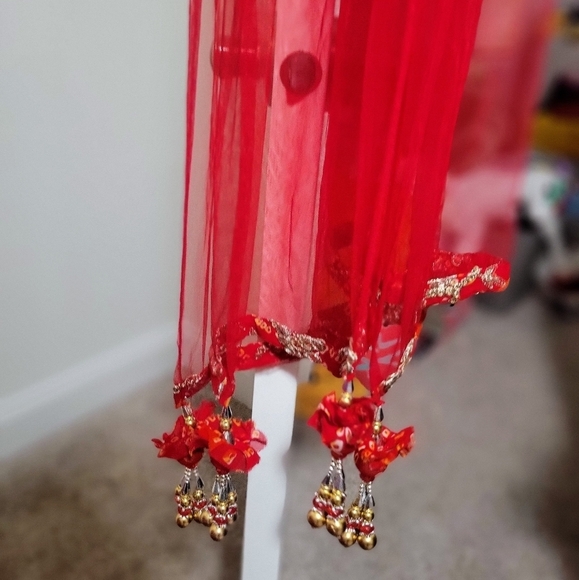 Red Readymade Embroidered Suit With Bandhej Sharara - Picture 8 of 9